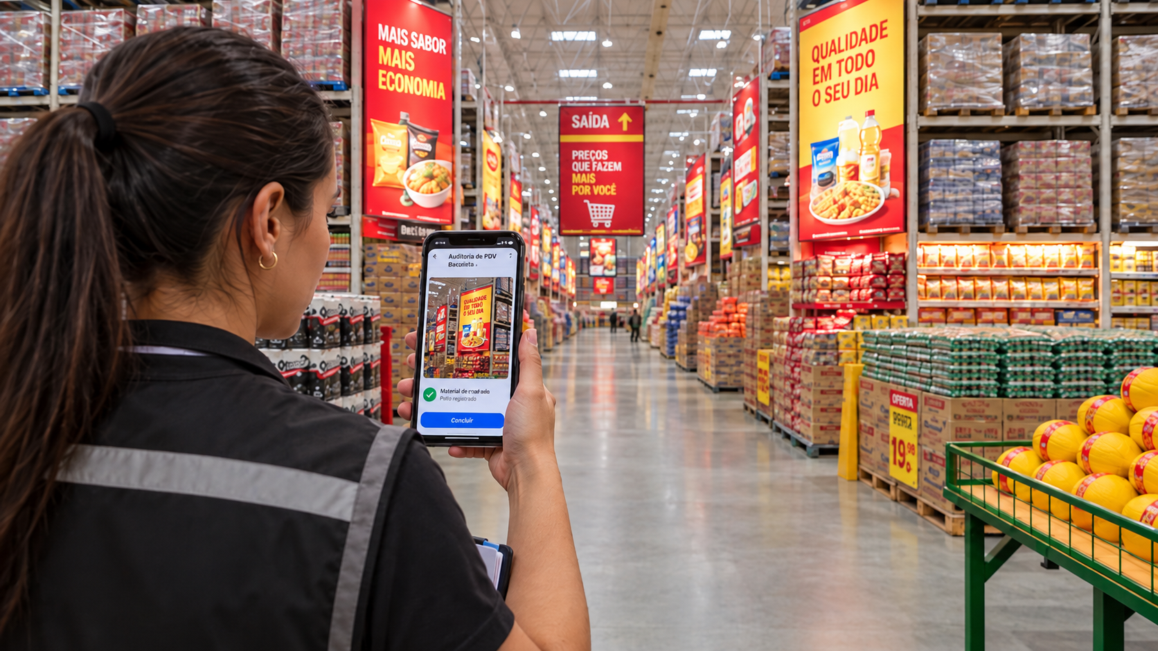 Profissional de trade marketing fotografando a exposição de produtos em uma gôndola de supermercado
